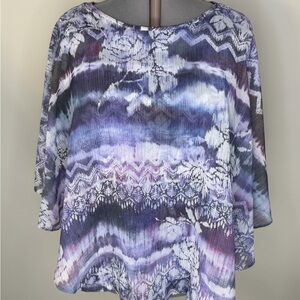 Alfred Dunner Blouse Womens 2X Purple Floral Kimono Sleeve Sheer Overlay Top